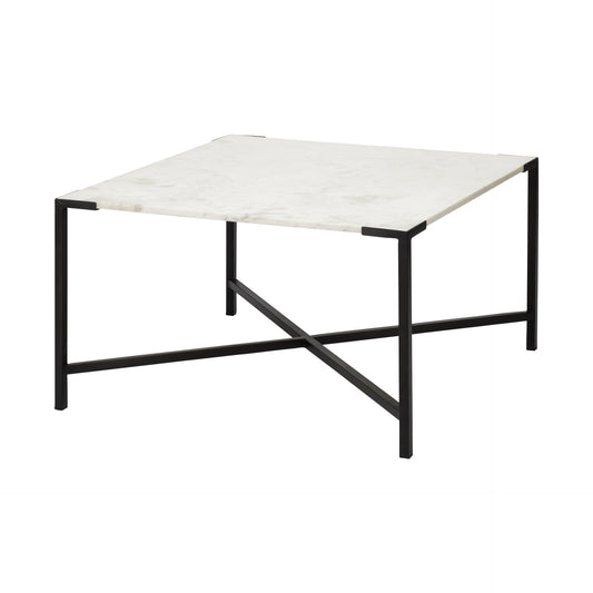 30" Black And White Genuine Marble and Metal Square Cross Legs Coffee Table - Loft&Timber