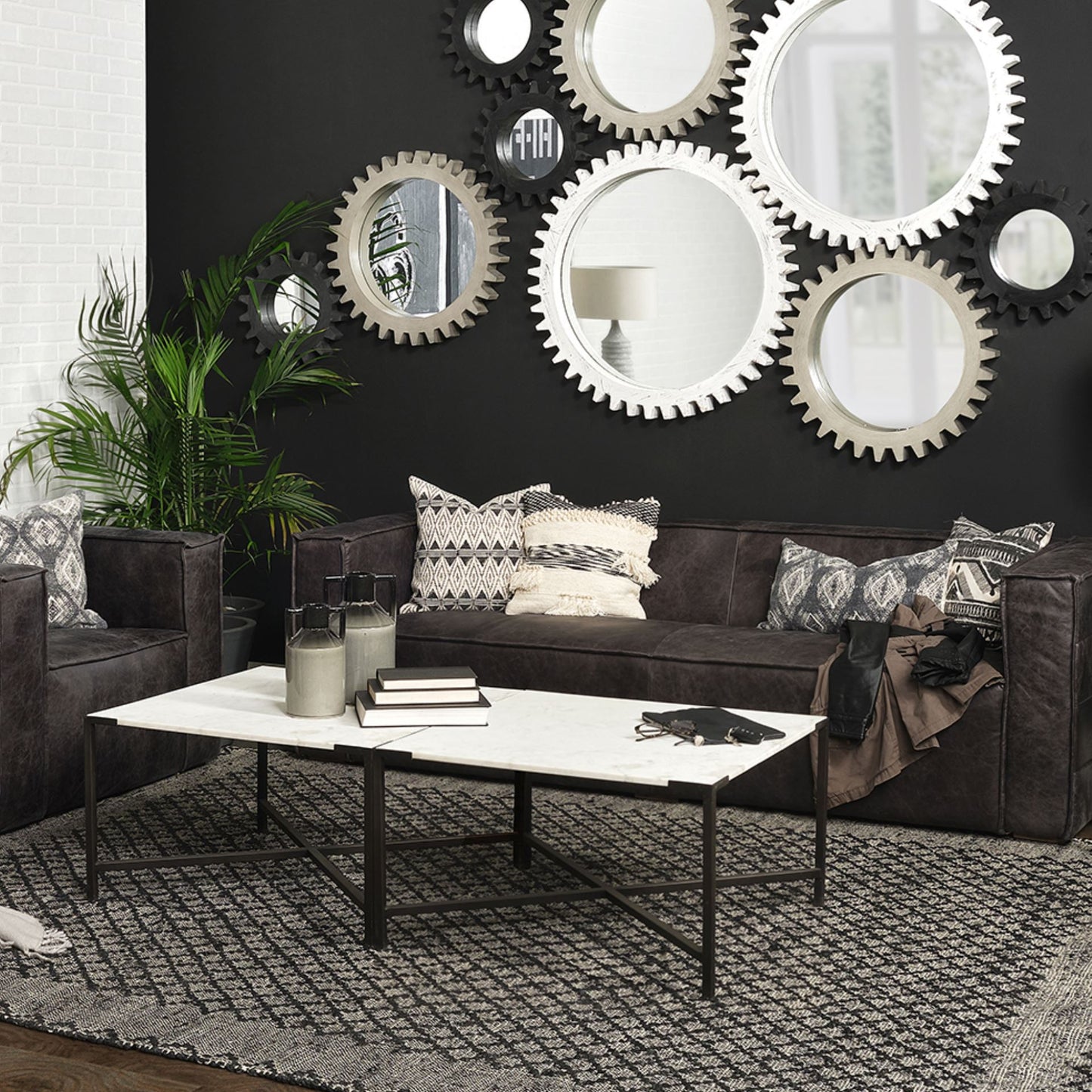 30" Black And White Genuine Marble and Metal Square Cross Legs Coffee Table - Loft&Timber