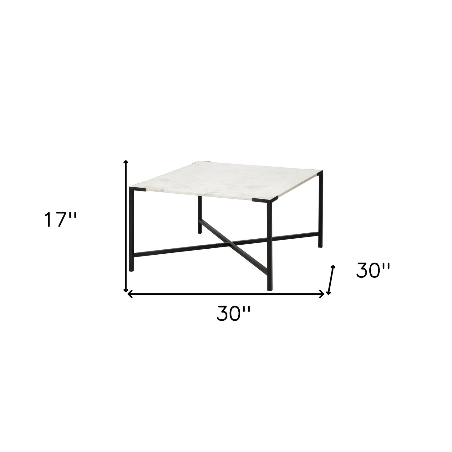 30" Black And White Genuine Marble and Metal Square Cross Legs Coffee Table - Loft&Timber