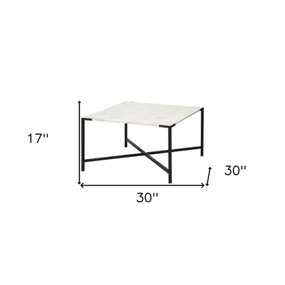 30" Black And White Genuine Marble and Metal Square Cross Legs Coffee Table - Loft&Timber