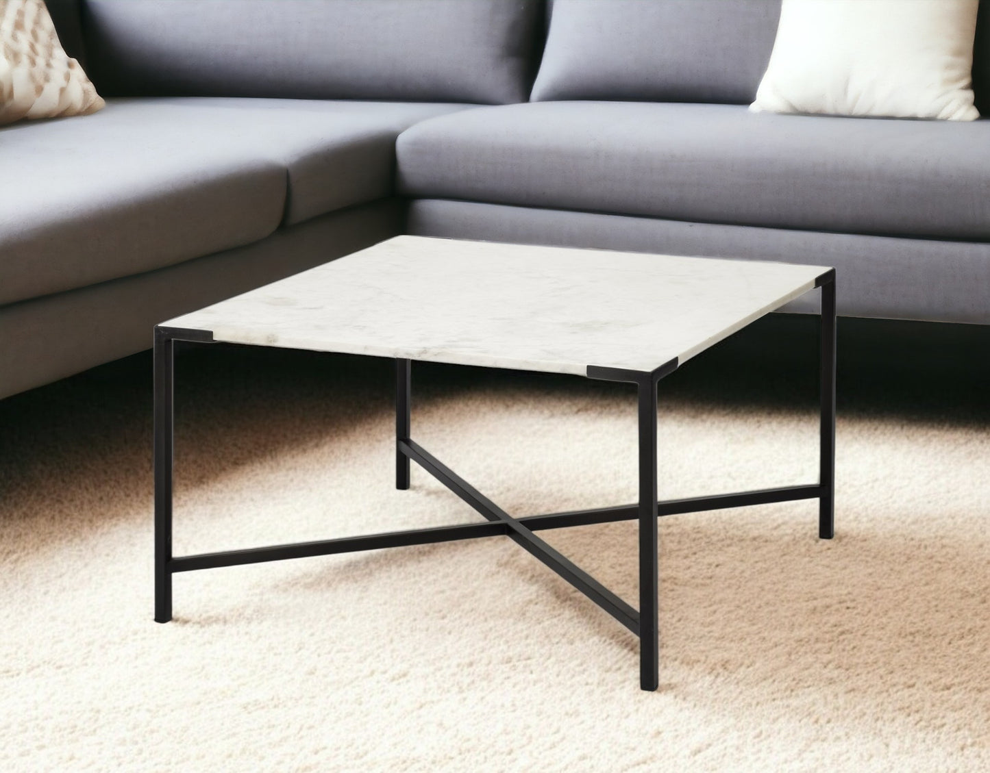 30" Black And White Genuine Marble and Metal Square Cross Legs Coffee Table - Loft&Timber