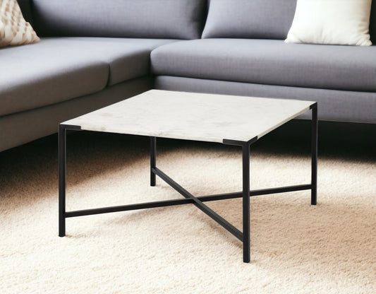 30" Black And White Genuine Marble and Metal Square Cross Legs Coffee Table - Loft&Timber