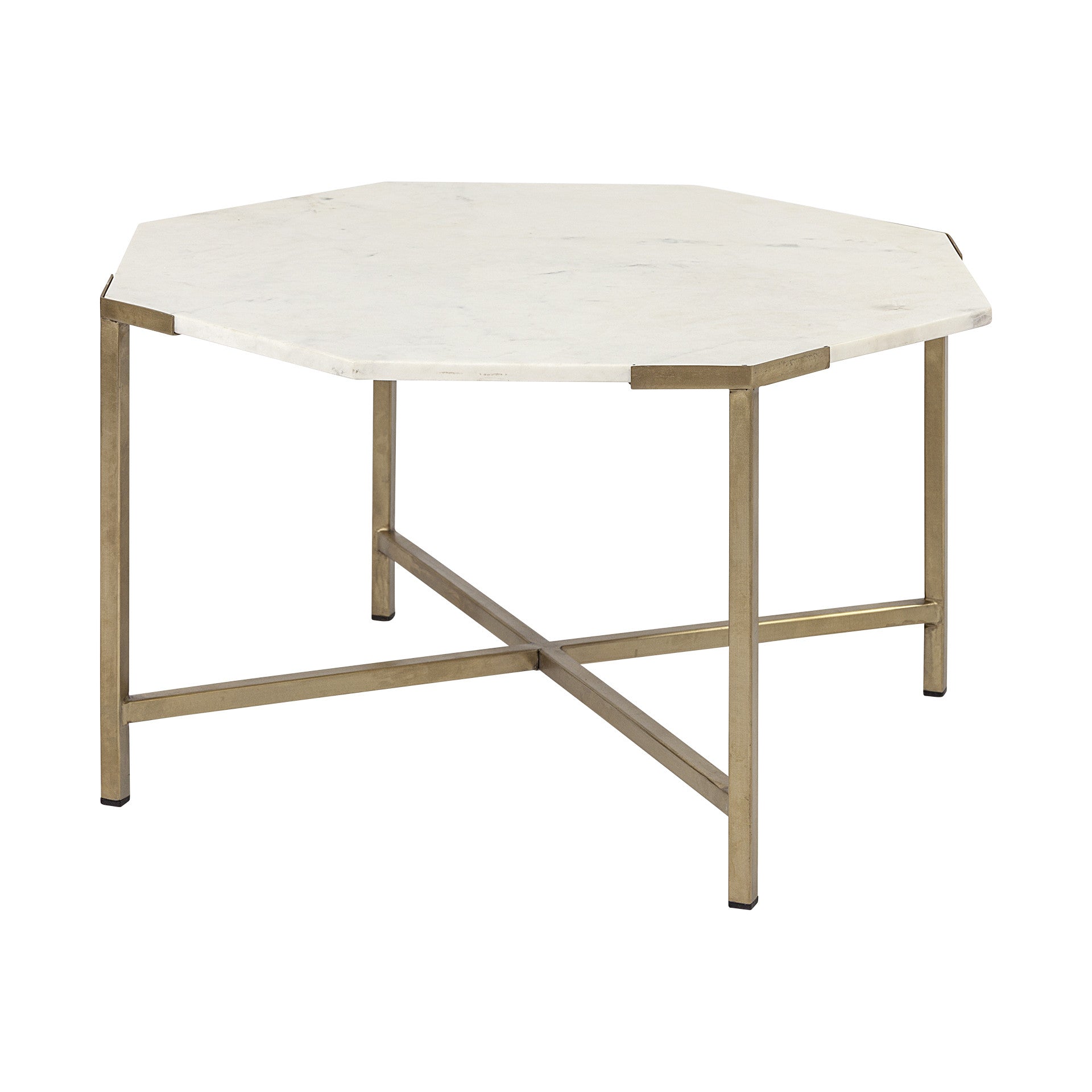 33" White and Gold Genuine Marble and Metal Octagon Coffee Table - Loft&Timber
