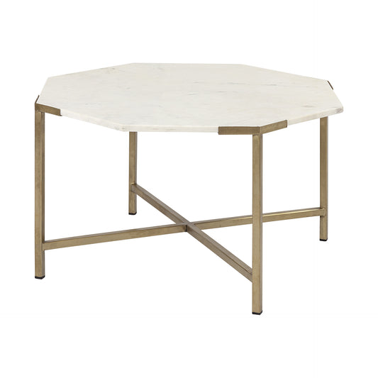33" White and Gold Genuine Marble and Metal Octagon Coffee Table - Loft&Timber