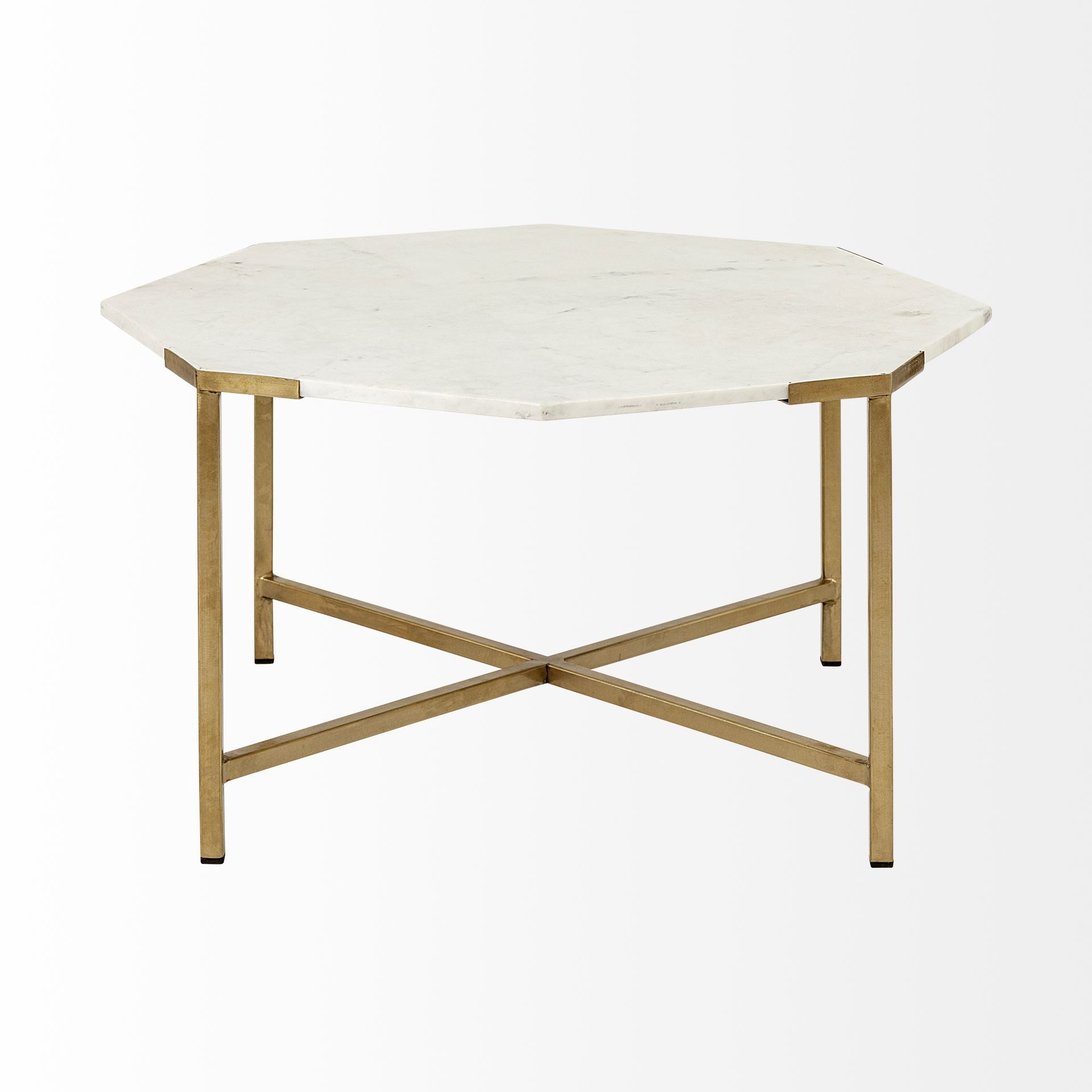 33" White and Gold Genuine Marble and Metal Octagon Coffee Table - Loft&Timber
