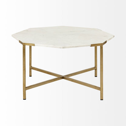 33" White and Gold Genuine Marble and Metal Octagon Coffee Table - Loft&Timber