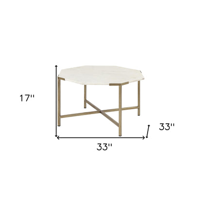 33" White and Gold Genuine Marble and Metal Octagon Coffee Table - Loft&Timber