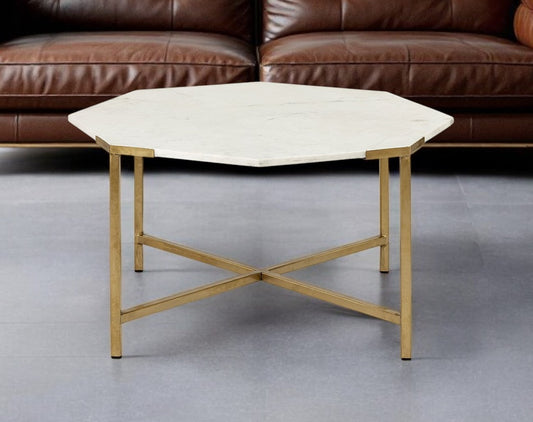 33" White and Gold Genuine Marble and Metal Octagon Coffee Table - Loft&Timber