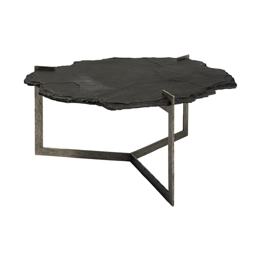 40" Black and Gold Stone and Iron Free Form Distressed Coffee Table - Loft&Timber