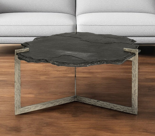 40" Black and Gold Stone and Iron Free Form Distressed Coffee Table - Loft&Timber