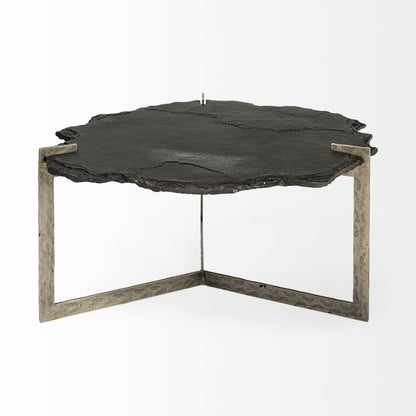 40" Black and Gold Stone and Iron Free Form Distressed Coffee Table - Loft&Timber
