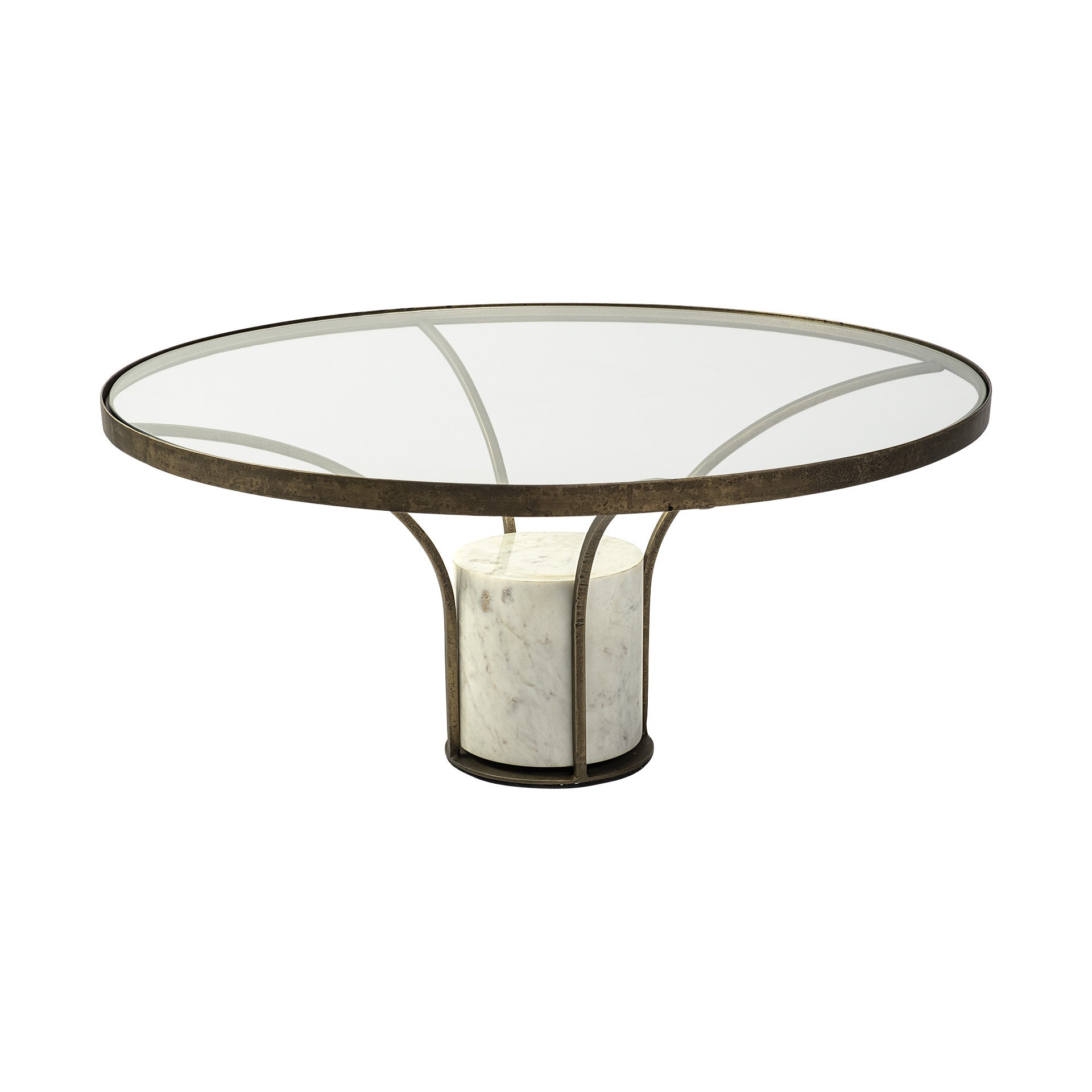 36" Antiqued Gold And White Glass Iron and Marble Round Pedestal Coffee Table - Loft&Timber