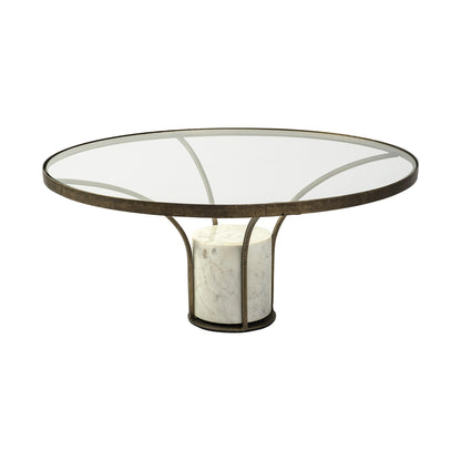 36" Antiqued Gold And White Glass Iron and Marble Round Pedestal Coffee Table - Loft&Timber