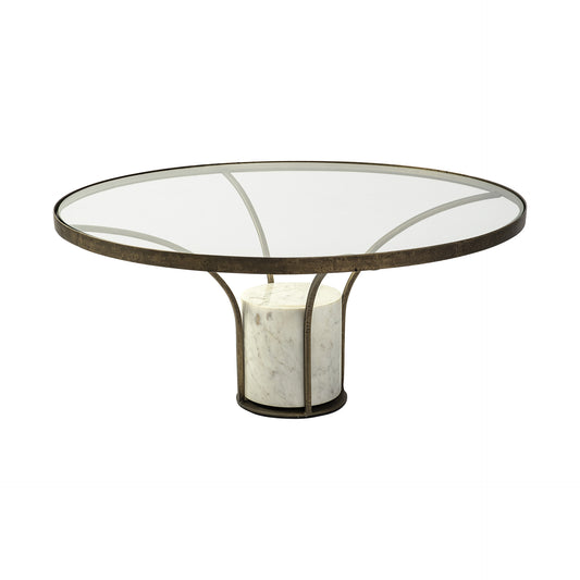 36" Antiqued Gold And White Glass Iron and Marble Round Pedestal Coffee Table - Loft&Timber