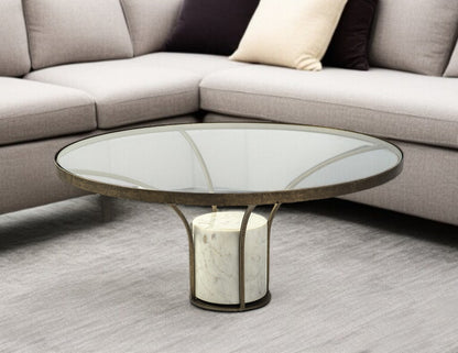 36" Antiqued Gold And White Glass Iron and Marble Round Pedestal Coffee Table - Loft&Timber