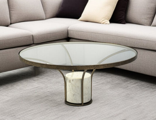 36" Antiqued Gold And White Glass Iron and Marble Round Pedestal Coffee Table - Loft&Timber