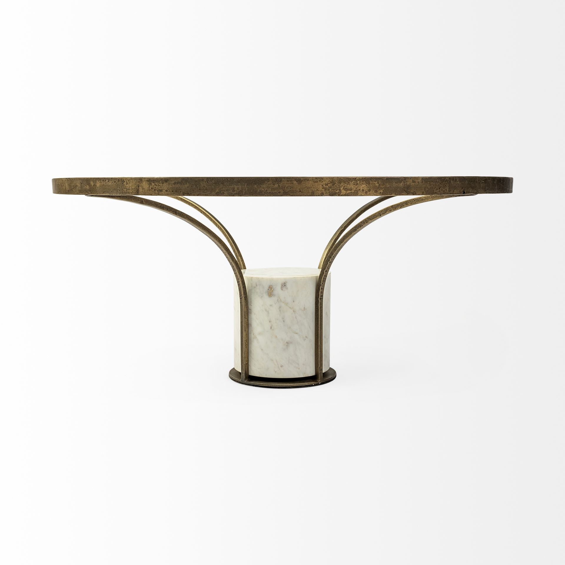 36" Antiqued Gold And White Glass Iron and Marble Round Pedestal Coffee Table - Loft&Timber