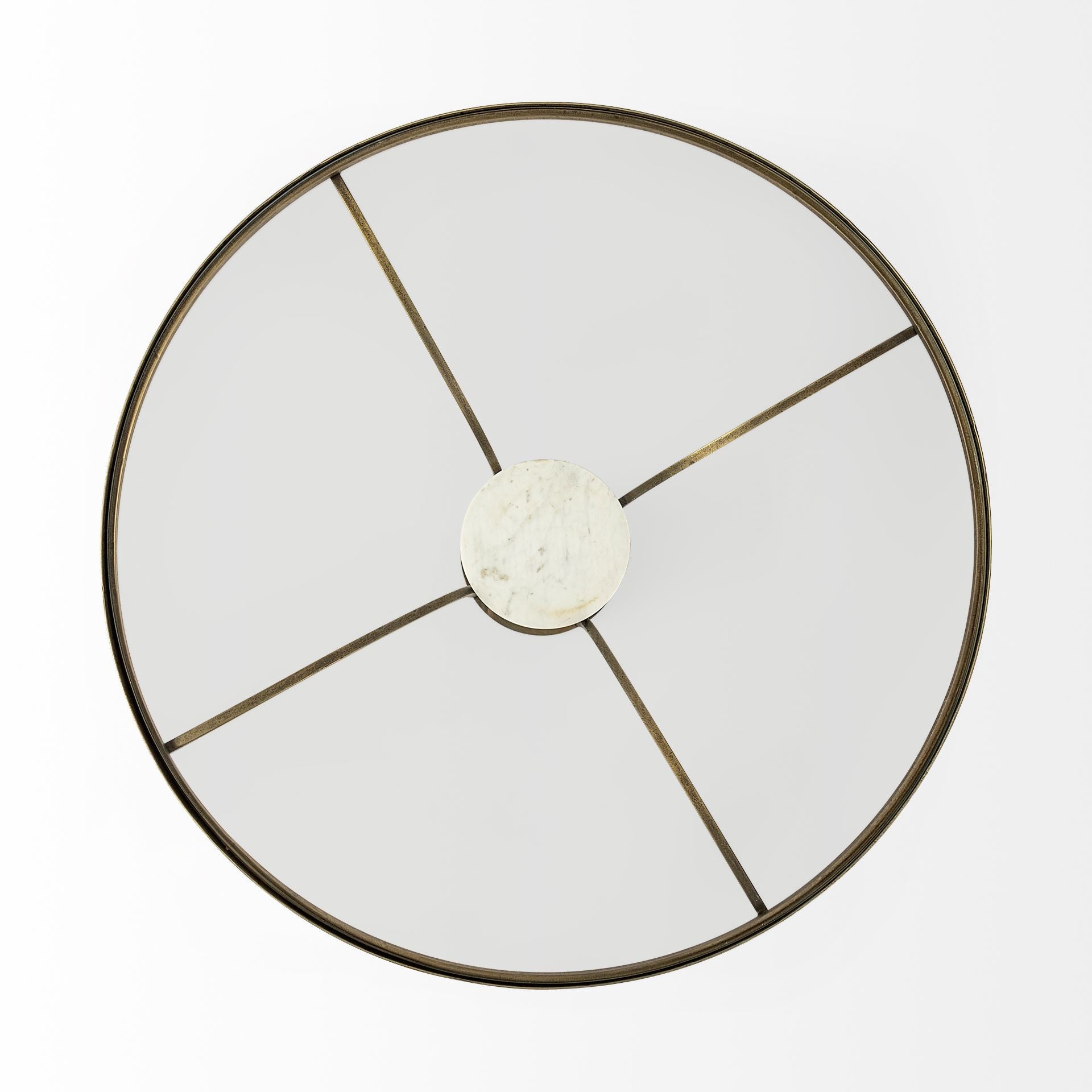 36" Antiqued Gold And White Glass Iron and Marble Round Pedestal Coffee Table - Loft&Timber