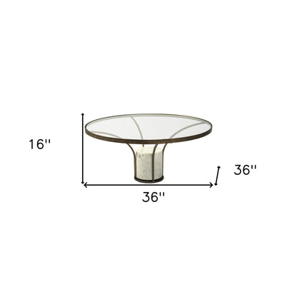 36" Antiqued Gold And White Glass Iron and Marble Round Pedestal Coffee Table - Loft&Timber