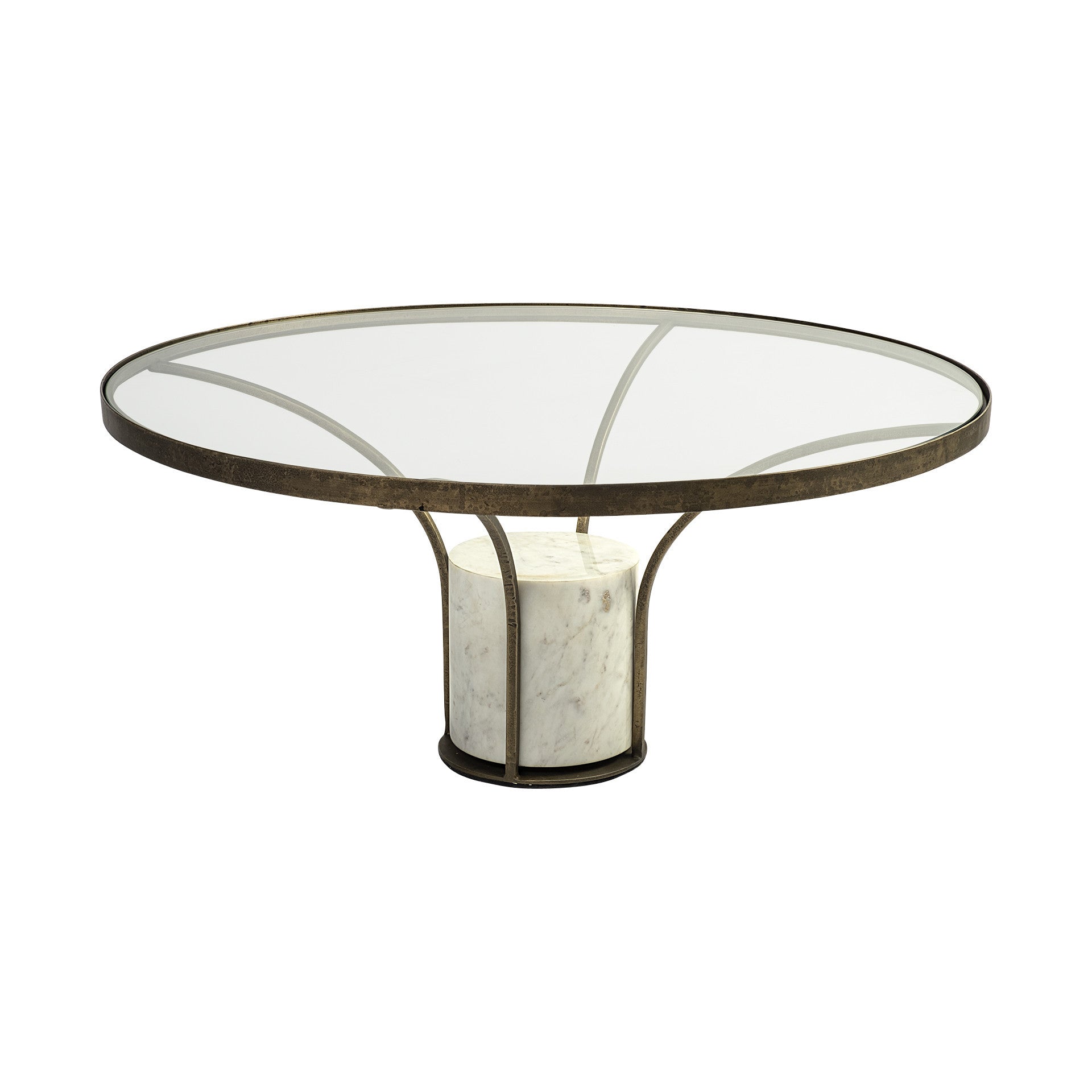 36" Antiqued Gold And White Glass Iron and Marble Round Pedestal Coffee Table - Loft&Timber