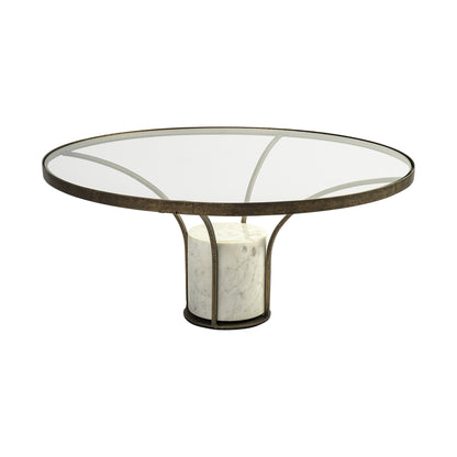 36" Antiqued Gold And White Glass Iron and Marble Round Pedestal Coffee Table - Loft&Timber