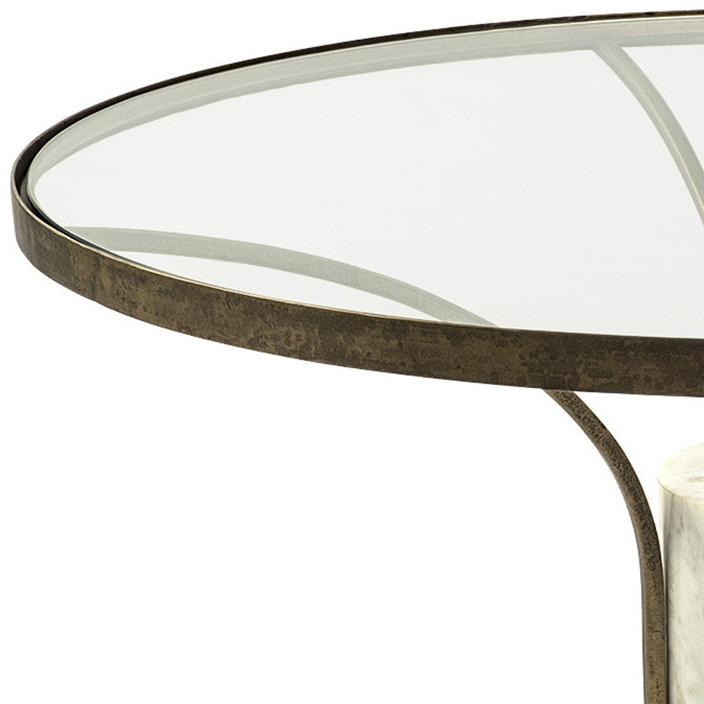 36" Antiqued Gold And White Glass Iron and Marble Round Pedestal Coffee Table - Loft&Timber