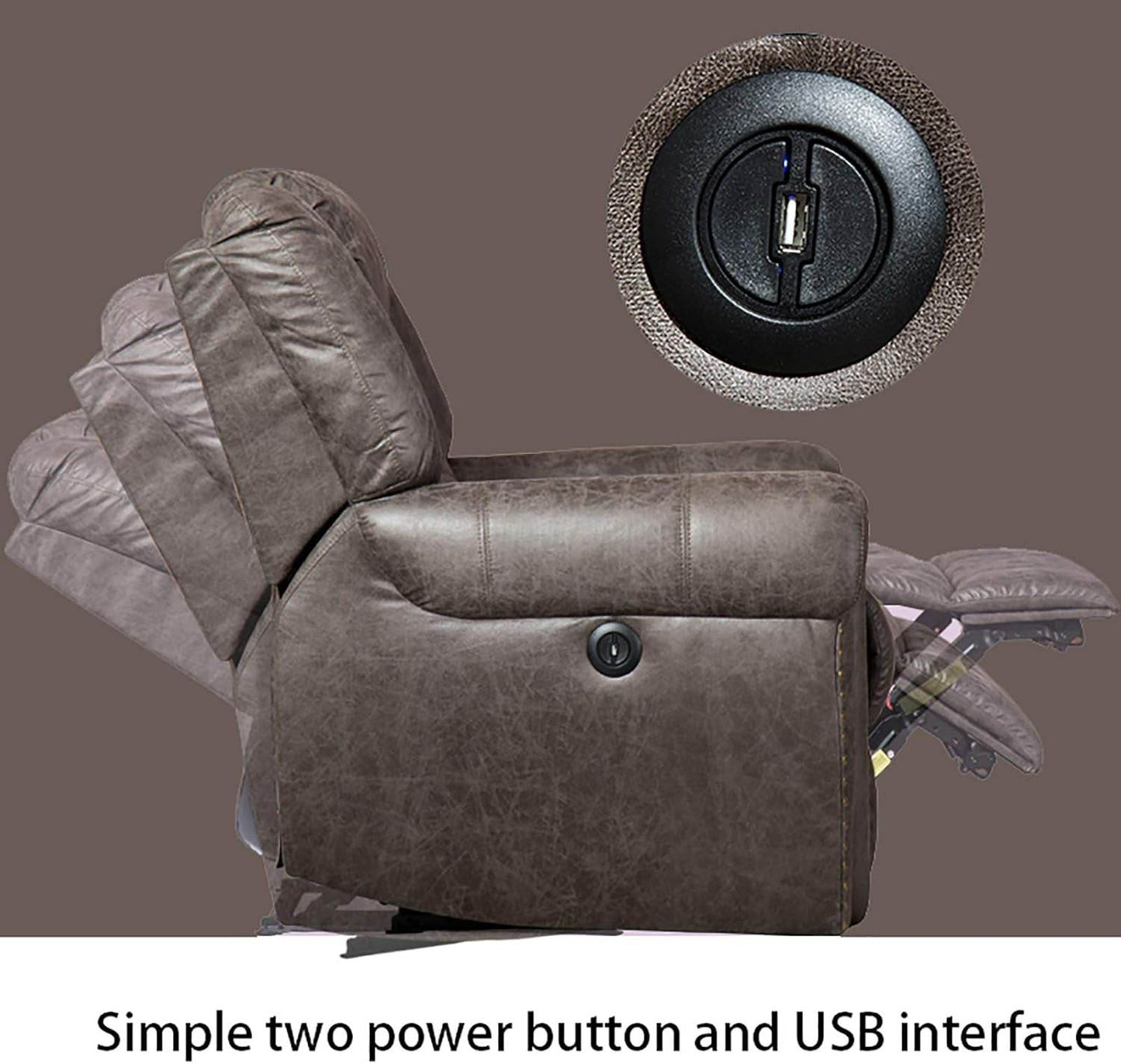 Electric Recliner Chair W/Breathable Bonded Leather, Classic Single Sofa Home Theater Recliner Seating W/USB Port (Smoky Gray) - Loft&Timber