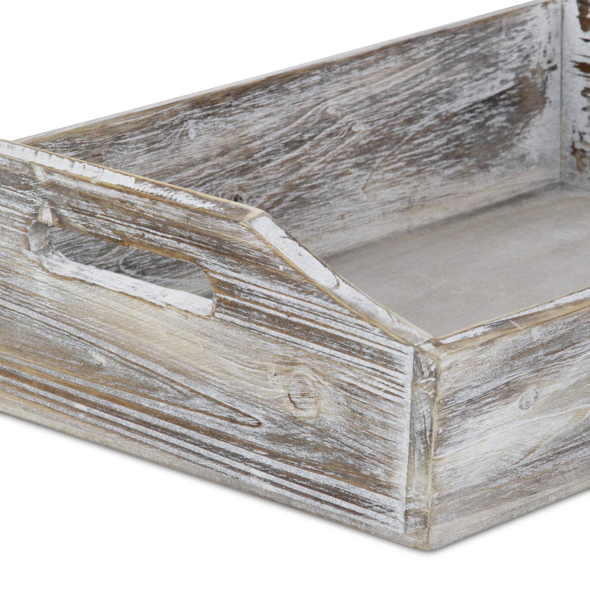 White Rustic Finish Wood Serving Tray With Handles - Loft&Timber