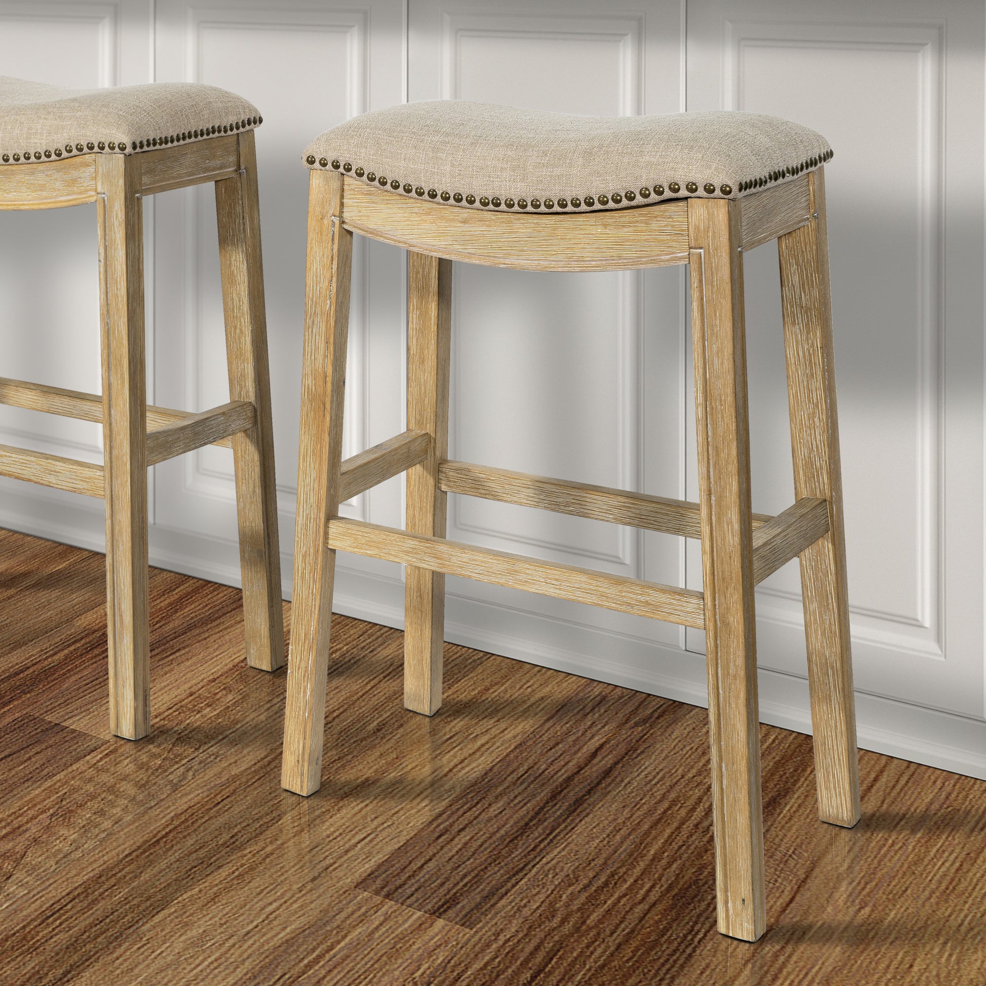 31" Linen and Natural Solid Wood Backless Bar Height Bar Chair - Loft&Timber