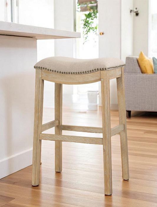 31" Linen and Natural Solid Wood Backless Bar Height Bar Chair - Loft&Timber