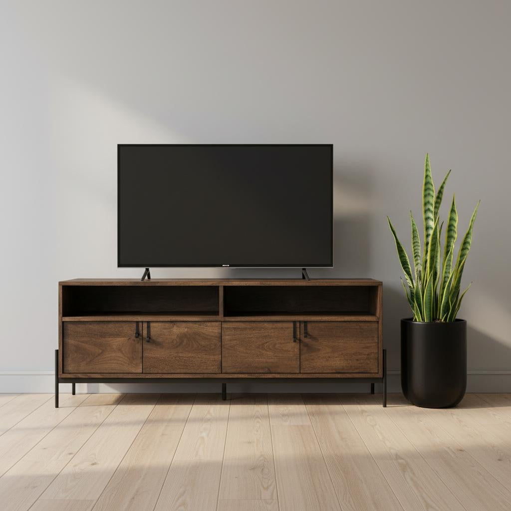 62" Brown and Black Solid Wood Cabinet Enclosed Storage TV Stand-0