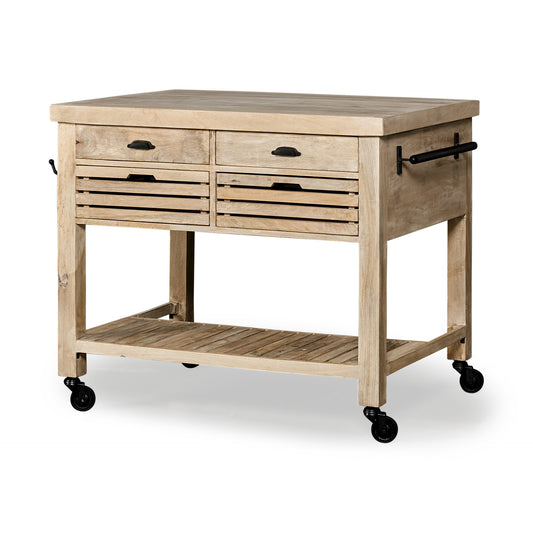 32" Natural Solid Wood Rolling Kitchen Island With Storage - Loft&Timber