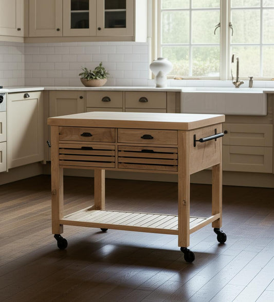 32" Natural Solid Wood Rolling Kitchen Island With Storage - Loft&Timber