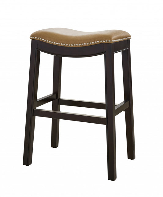 26" Tan and Espresso Solid Wood Backless Bar Height Bar Chair - Loft&Timber