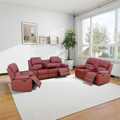 Red Manual Leather Recliner Sofa Set - Loft&Timber