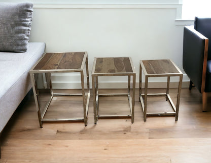 Set of Three 21" Silver And Brown Solid Wood Nested Tables - Loft&Timber