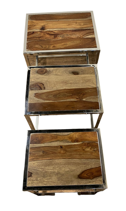 Set of Three 21" Silver And Brown Solid Wood Nested Tables - Loft&Timber