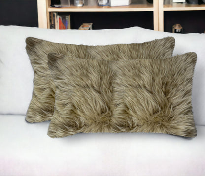 Set of Two 12" X 20" Taupe Sheepskin Lumbar Throw Pillows - Loft&Timber