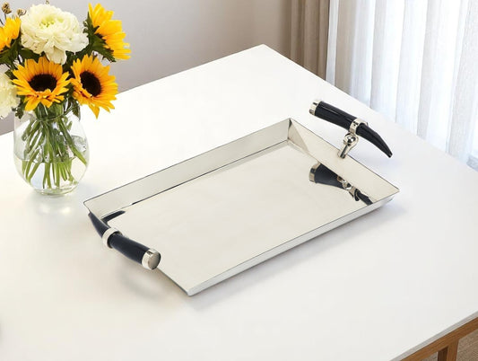19" Silver Stainless Steel Serving Tray With Horn Handles - Loft&Timber
