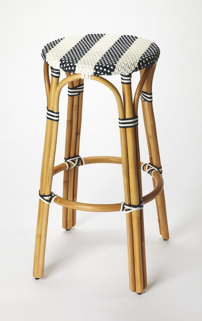 30" Blue and White and Natural Heavy Duty Rattan Backless Bar Height Bar Chair - Loft&Timber