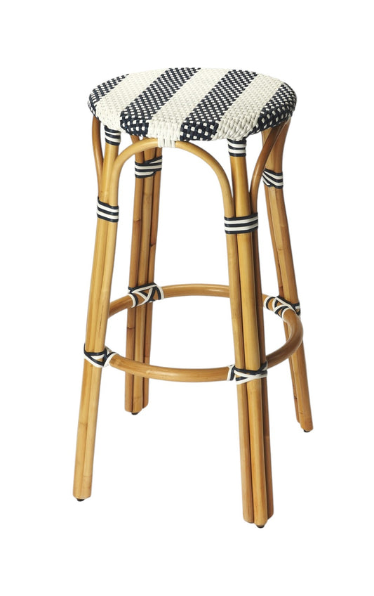 30" Blue and White and Natural Heavy Duty Rattan Backless Bar Height Bar Chair - Loft&Timber