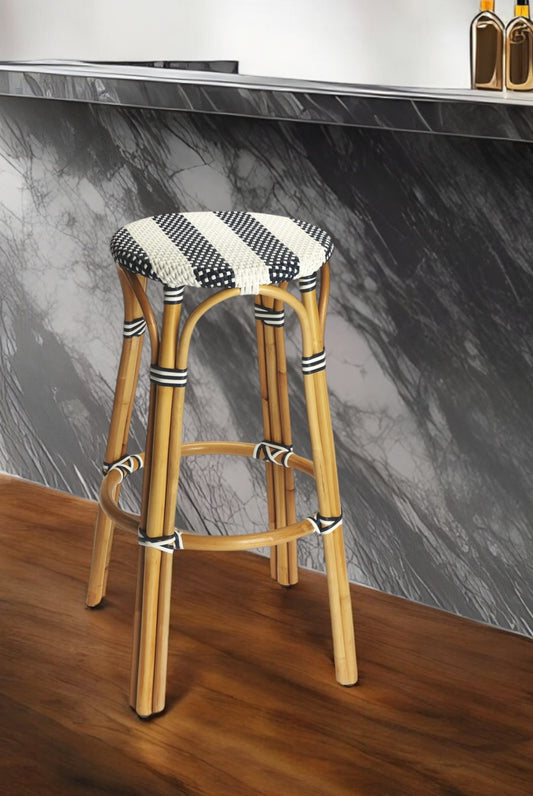 30" Blue and White and Natural Heavy Duty Rattan Backless Bar Height Bar Chair - Loft&Timber