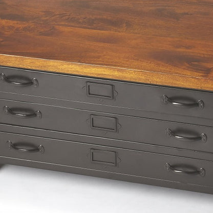 36" Brown and Gray Solid Wood and Metal Square Coffee Table With Three Drawers - Loft&Timber