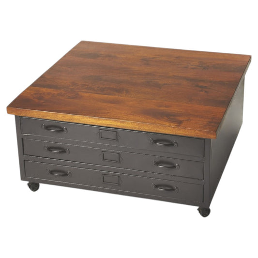 36" Brown and Gray Solid Wood and Metal Square Coffee Table With Three Drawers - Loft&Timber