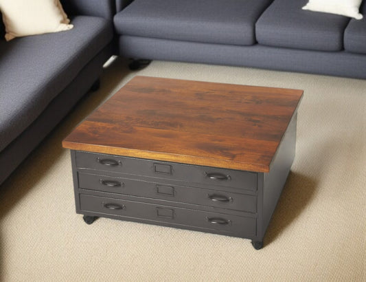36" Brown and Gray Solid Wood and Metal Square Coffee Table With Three Drawers - Loft&Timber