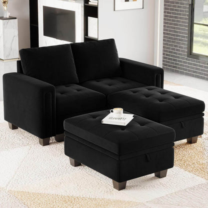 Velvet Modular Sectional Sofa Couch with Storage Convertible Sectional Sleeper Sofa Couch Bed Set with Reversible Chaise Black - Loft&Timber