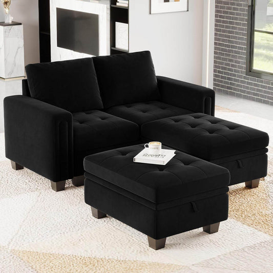 Velvet Modular Sectional Sofa Couch with Storage Convertible Sectional Sleeper Sofa Couch Bed Set with Reversible Chaise Black - Loft&Timber