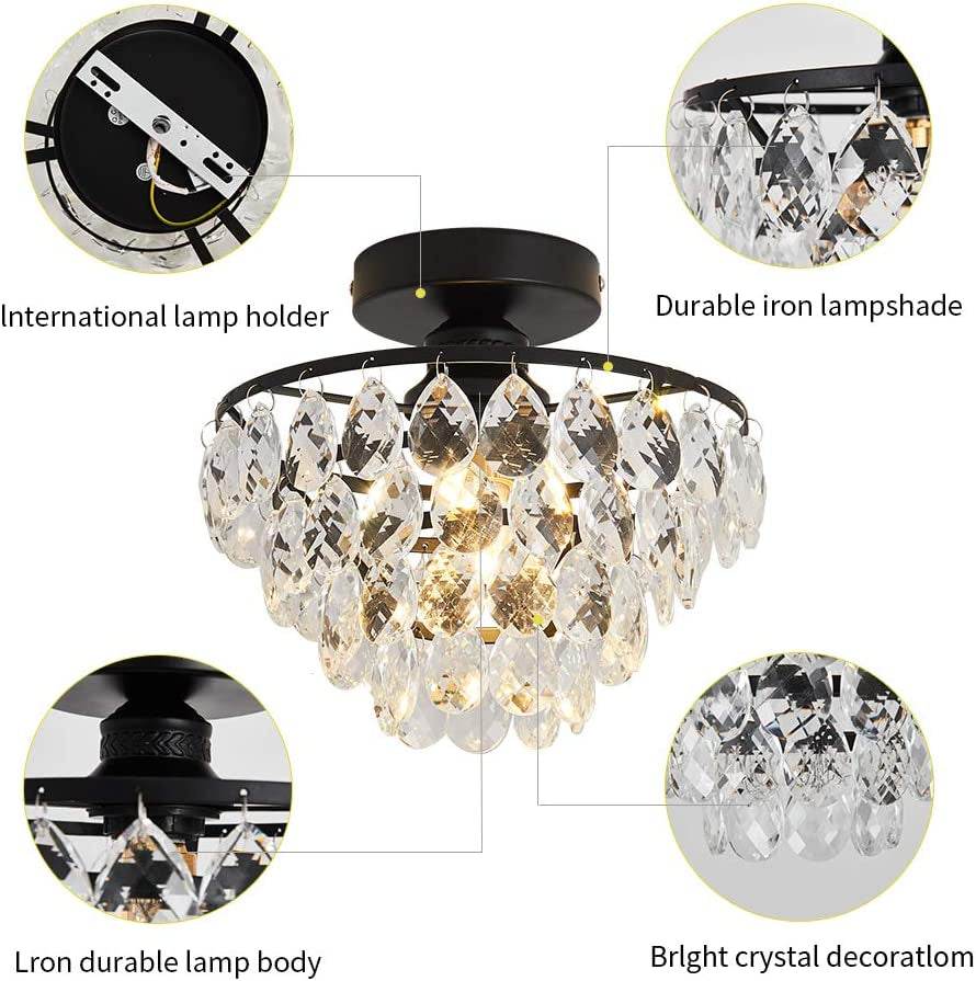 Modern Small Crystal Ceiling Light Fixture Mini Black Semi Flush Mount Chandelier Light Fixture for Hallway Bedroom Bathroom Closet E26 - Loft&Timber