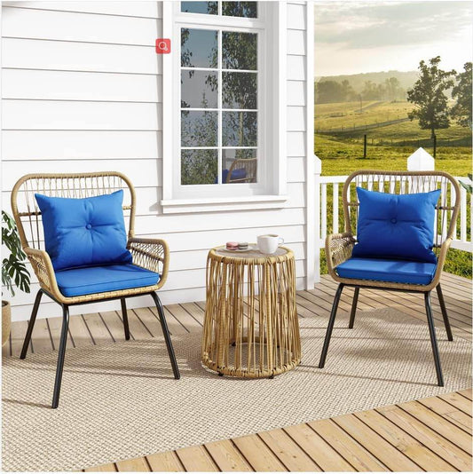 3-Piece Outdoor Patio Furniture Wicker Bistro Set, All-Weather Rattan Conversation Chairs for Backyard, Balcony and Deck with Soft Cushions, Glass Side Table (Light Brown+Navy Blue) - Loft&Timber