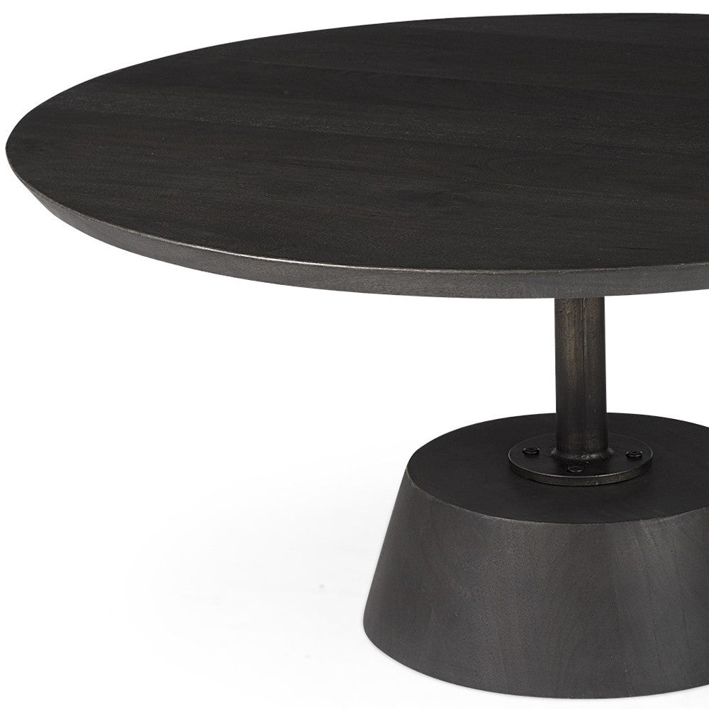 32" Dark Brown and Black Solid Wood and Iron Round Pedestal Coffee Table - Loft&Timber